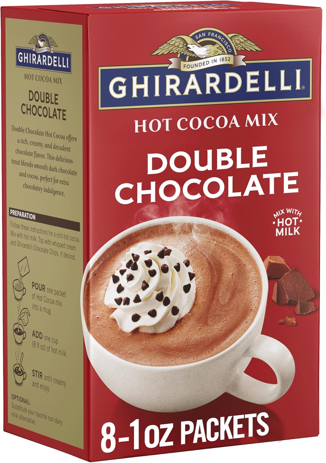 GHIRARDELLI Double Chocolate Hot Cocoa Mix, 8 Single-Serve Packets Rich and Decadent Hot Cocoa Made with Premium Chocolate
