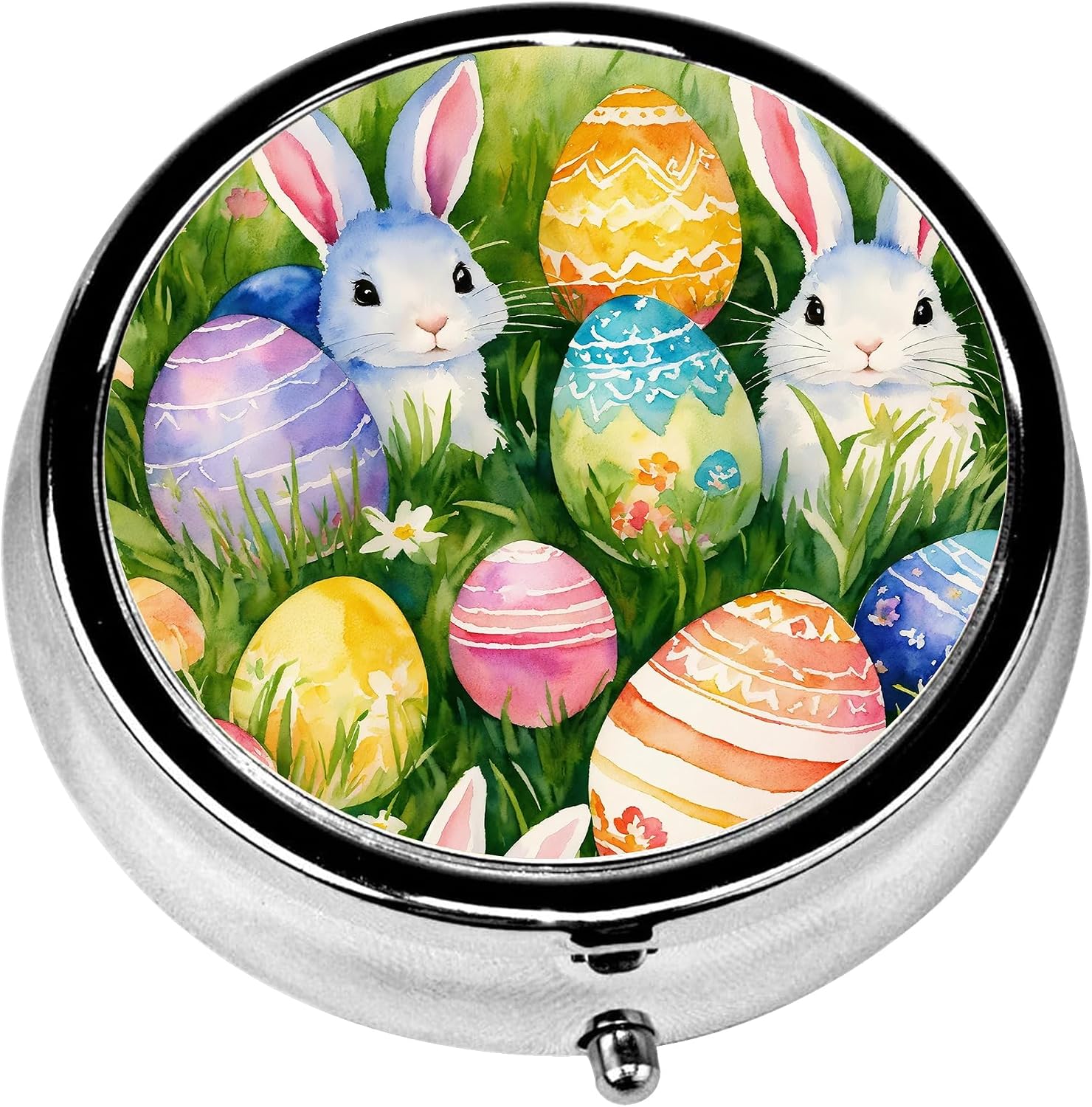 Pill Box, 3 Compartments Small Pill Case Travel Portable Metal Medicine Box with Mirror Mini Container for Purse Pocket Women Men(Easter Bunny Egg)