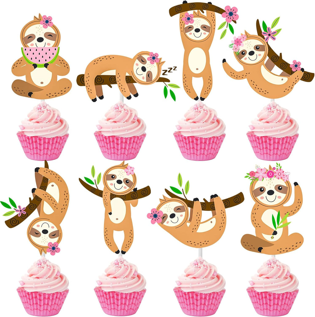 24pcs Sloth Cupcake Toppers Decorations Sloth Birthday Party Supplies Sloth Party Decorations for Kids Girls Sloth Theme Cute Animal Theme Birthday Party Wedding Baby Shower Supplies