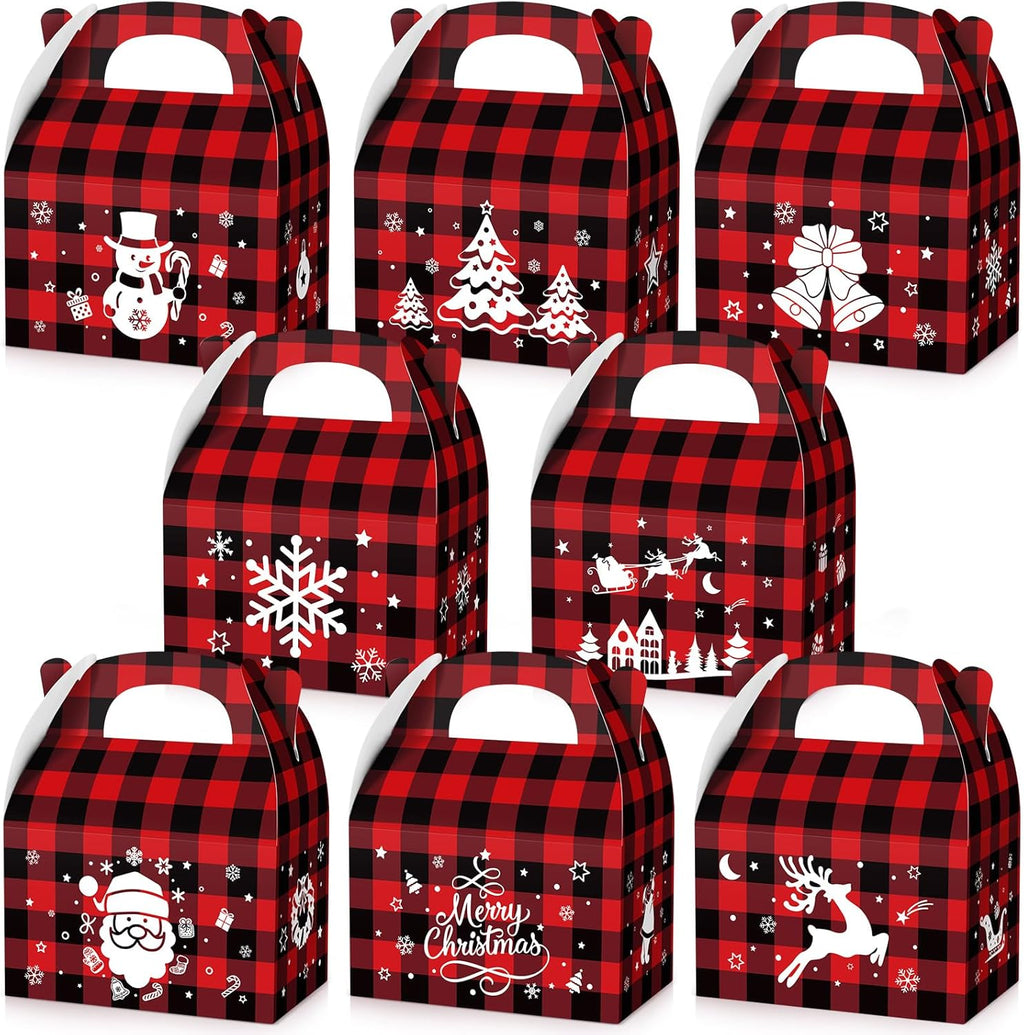 TaoBary 24 Pcs Christmas Cookie Boxes Xmas Plaid Candy Treat Boxes with Handles 3D Cardboard Christmas Gift Giving Bag with Vibrant Print for Party Gifts Candy Chocolate Treats Cookie Holiday Favor