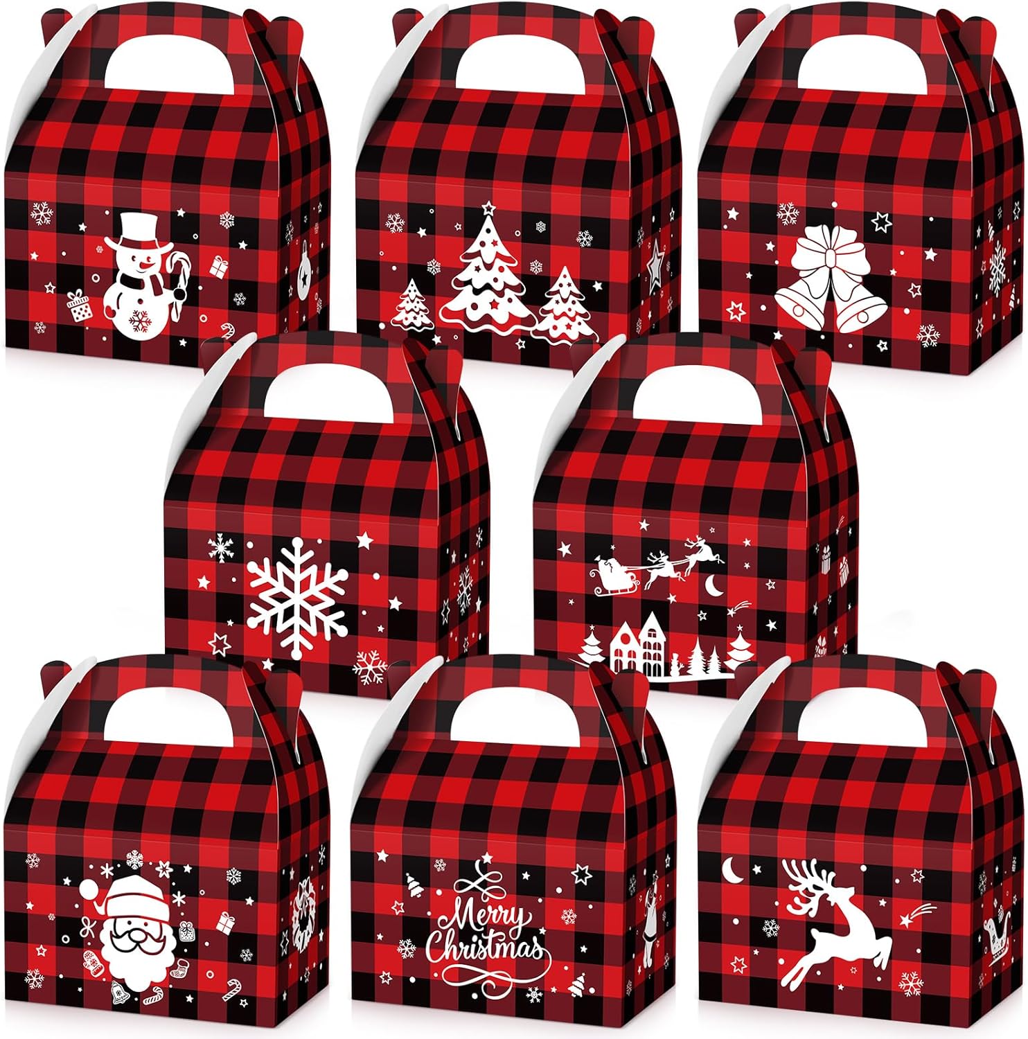 TaoBary 24 Pcs Christmas Cookie Boxes Xmas Plaid Candy Treat Boxes with Handles 3D Cardboard Christmas Gift Giving Bag with Vibrant Print for Party Gifts Candy Chocolate Treats Cookie Holiday Favor