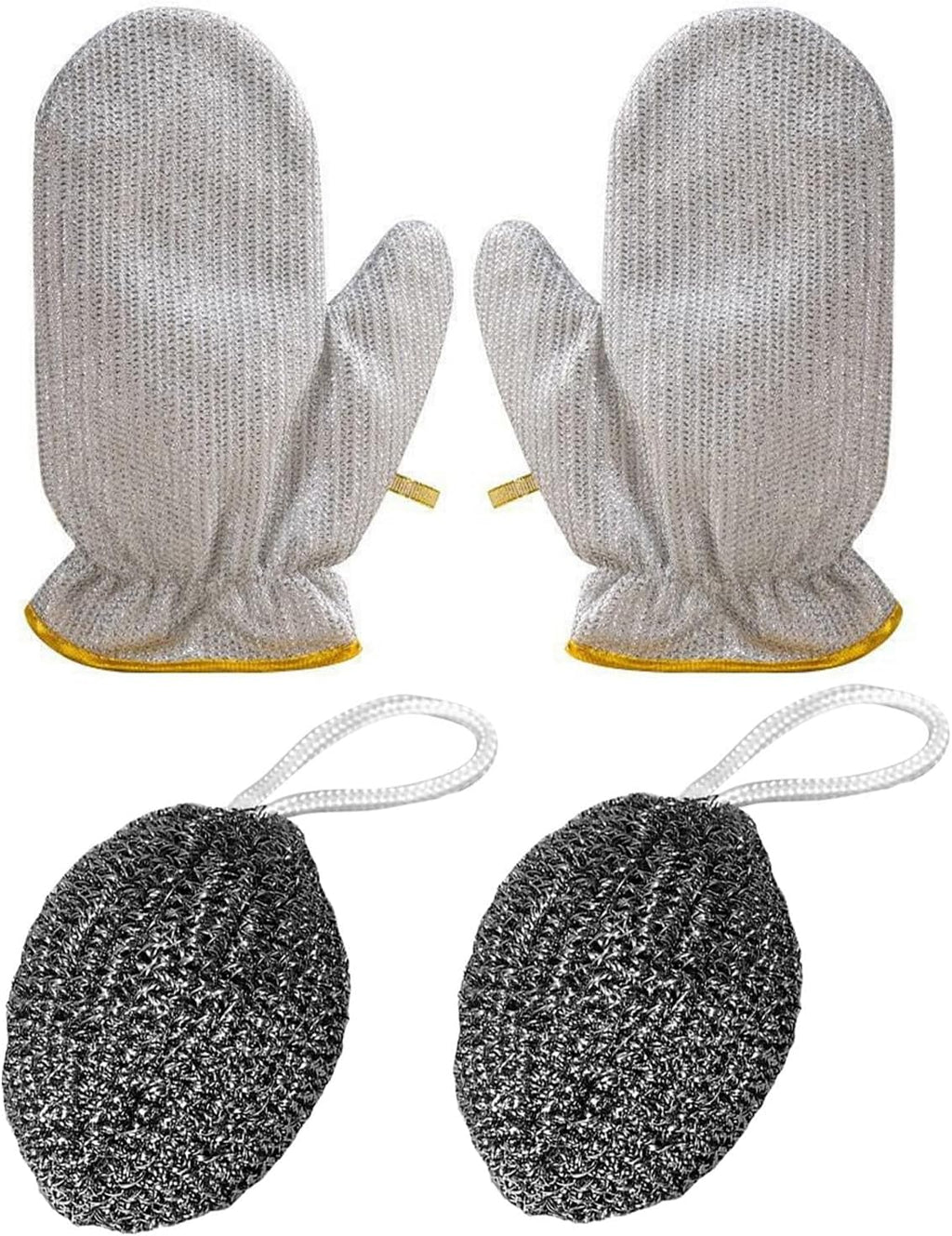 2PCS Dishwashing Gloves Silver and 2PCS Stainless Steel Melon Shape Steel Wire Ball(white/gray rope)