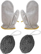 2PCS Dishwashing Gloves Silver and 2PCS Stainless Steel Melon Shape Steel Wire Ball(white/gray rope)