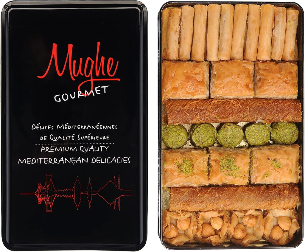Mughe Gourmet Assorted Baklava Gift Box, 600g (1.32lb) - Authentic Turkish Pastry Tin with Pistachio, Walnut, Cashew and Hazelnut - Halal, Vegetarian Mediterranean Sweets for Birthdays, Christmas and Special Occasions