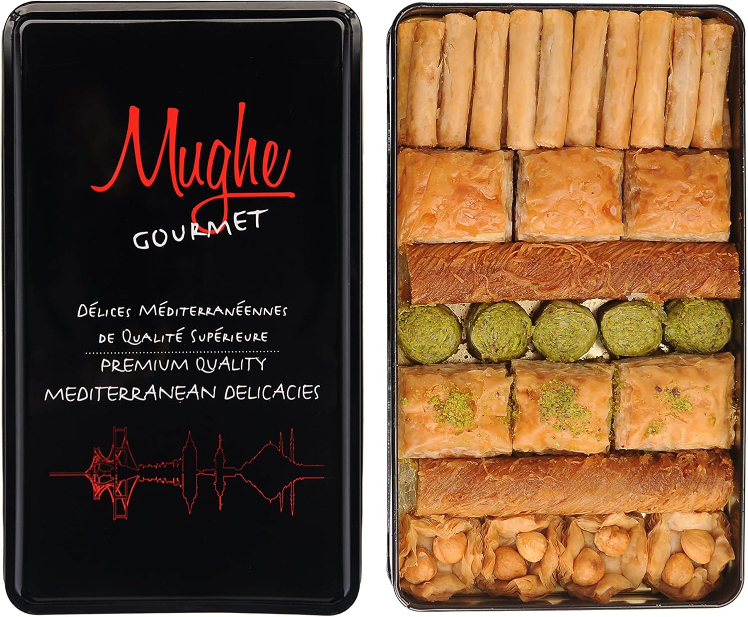 Mughe Gourmet Assorted Baklava Gift Box, 600g (1.32lb) - Authentic Turkish Pastry Tin with Pistachio, Walnut, Cashew and Hazelnut - Halal, Vegetarian Mediterranean Sweets for Birthdays, Christmas and Special Occasions