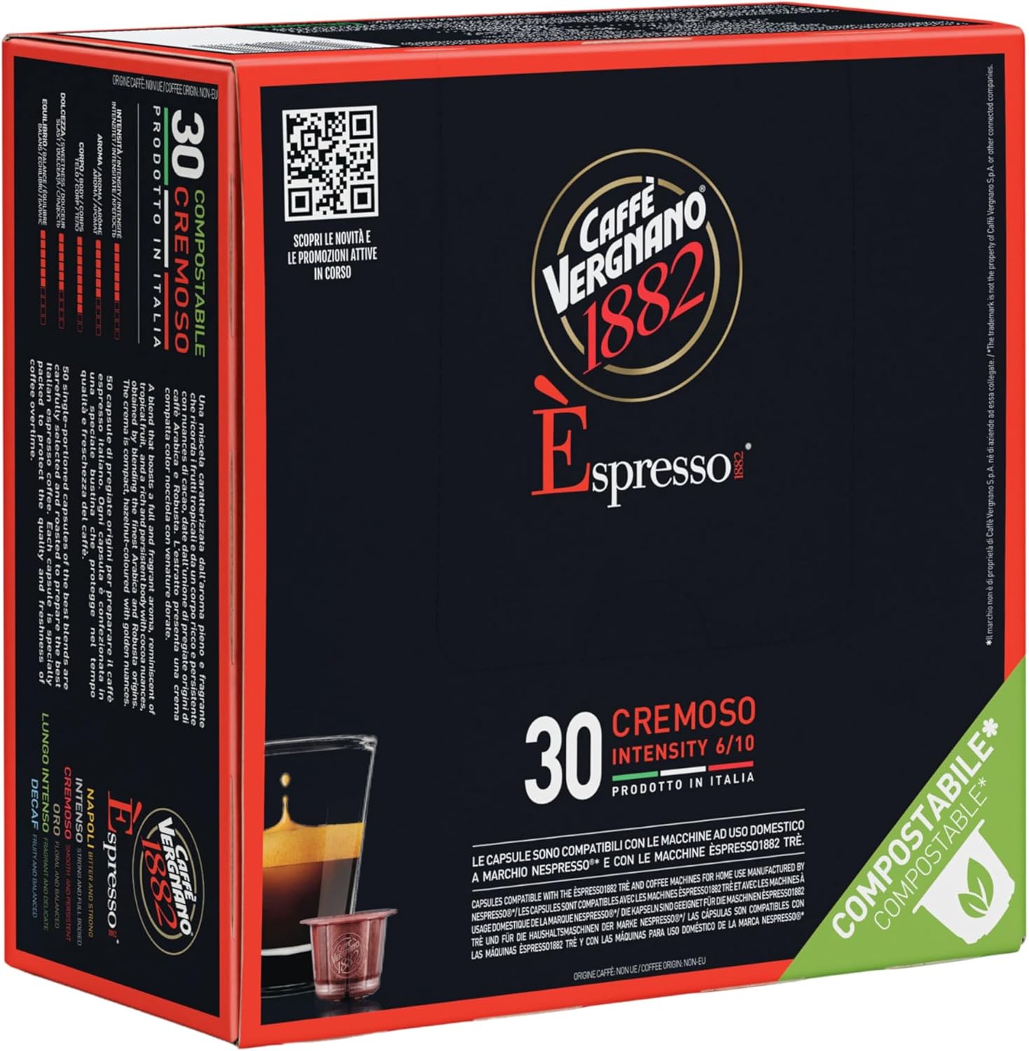 Caffe Vergnano 1882 Medium Roast Espresso Compatible Capsules, Single-Serve Arabica Robusta Espresso Coffee, Italian For Nespresso Machines, Intensity 6/10, Cremoso, 30 Ct
