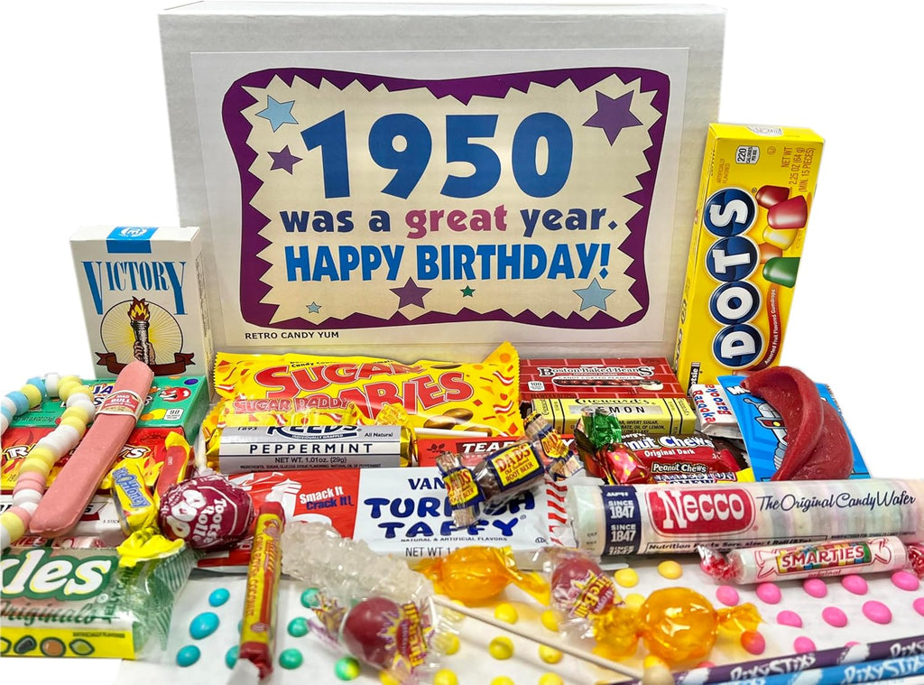 RETRO CANDY YUM ~ 1950 76th Birthday Gift Box Nostalgic Retro Candy Assortment from Childhood for 76 Year Old Man or Woman Born 1950 Jr