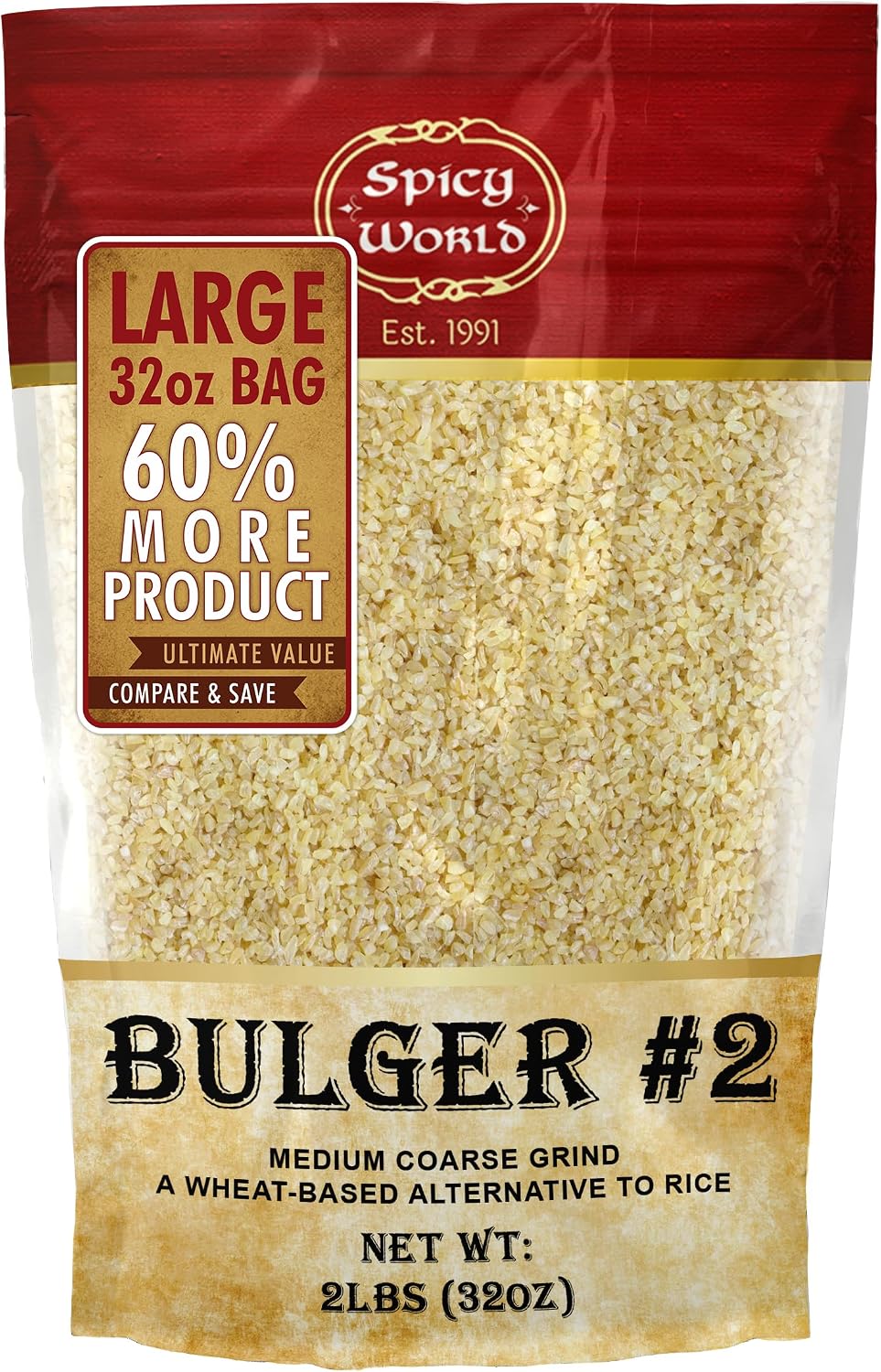 Bulgur Cracked Wheat Medium Coarse #2, 2 LB Bag (32oz) | USA Grown Bulgar Wheat for Tabouleh | 100% Natural & Pure | Great for Vegan Recipes by Spicy World