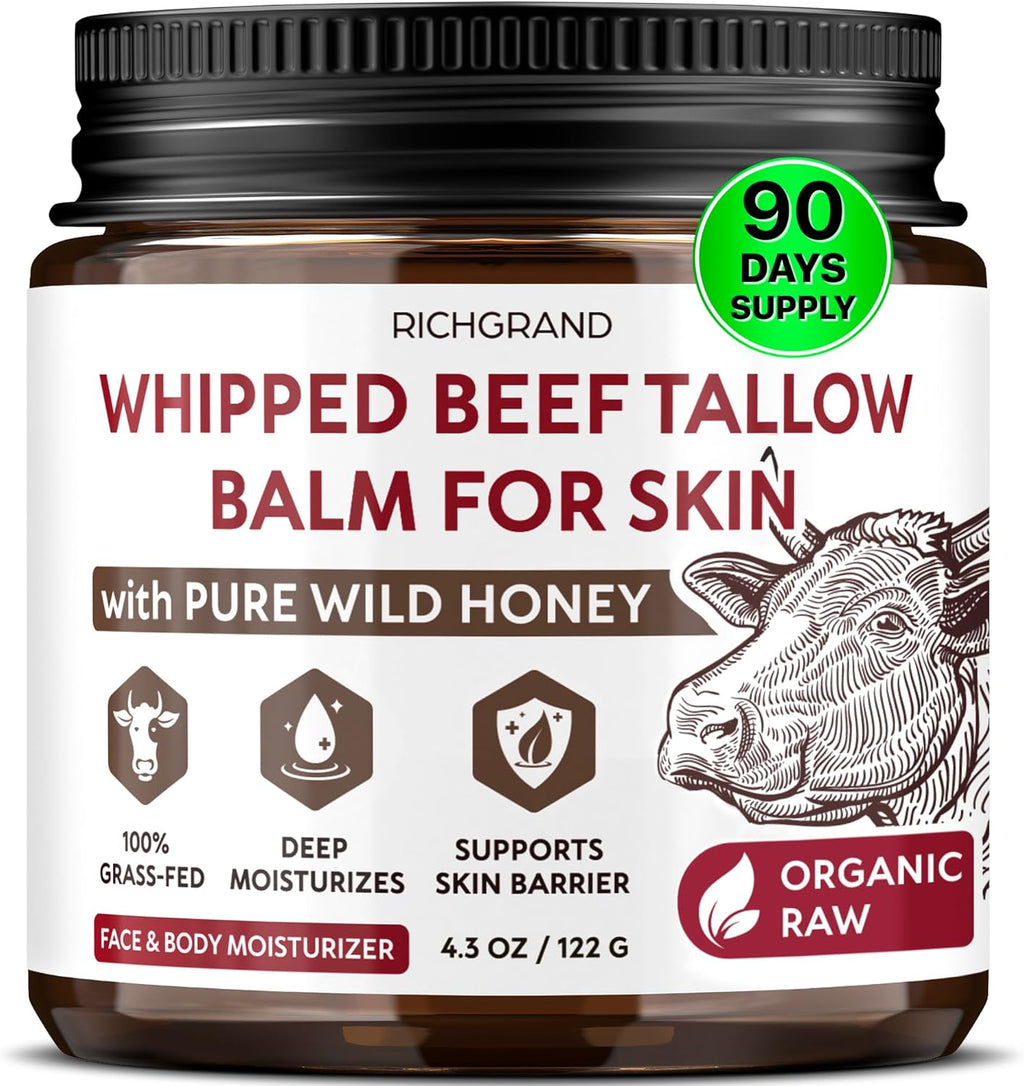 RICHGRAND Beef Tallow for Skin - Whipped Tallow and Honey Balm - Grass Fed Beef Tallow for Face, Daily Moisturizer & Body Butter - Natural Non Comedogenic Skincare (4.3 oz)
