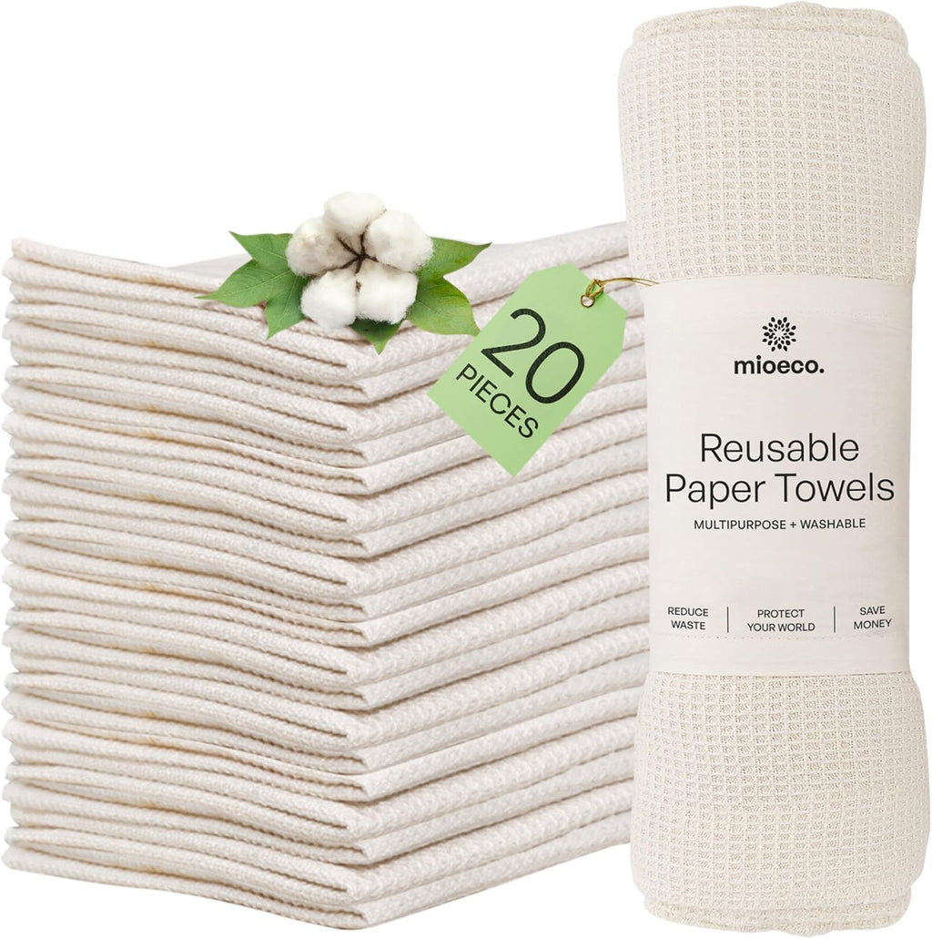 mioeco 20 Pack Reusable Kitchen Paper Towels Washable - Super Absorbent Natural unPaper Towels - Natural Cotton - Reusable, Paperless Kitchen Dish Cloths - 100% Organic
