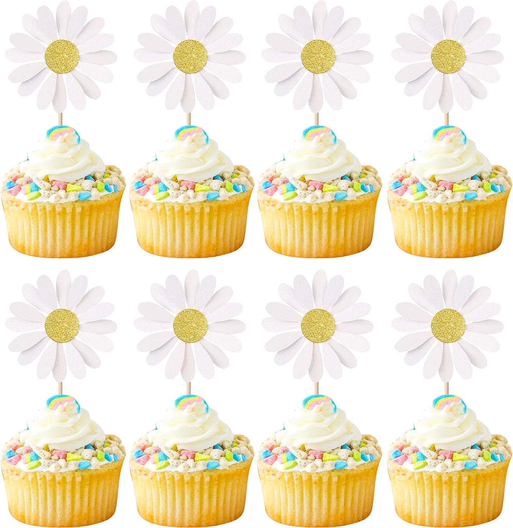 24 PCS Daisy Cupcake Toppers Glitter White Daisy Cupcake Picks Chrysanthemum Cupcake Decorations for Spring Wildflowers Theme Baby Shower Birthday Wedding Party Cake Decorations Supplies
