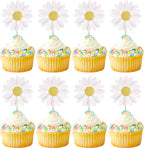 24 PCS Daisy Cupcake Toppers Glitter White Daisy Cupcake Picks Chrysanthemum Cupcake Decorations for Spring Wildflowers Theme Baby Shower Birthday Wedding Party Cake Decorations Supplies