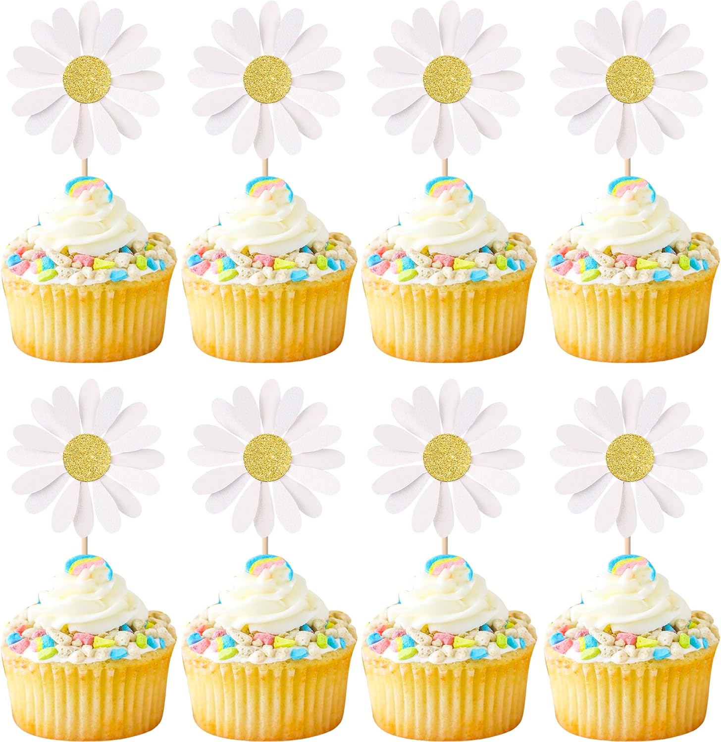 24 PCS Daisy Cupcake Toppers Glitter White Daisy Cupcake Picks Chrysanthemum Cupcake Decorations for Spring Wildflowers Theme Baby Shower Birthday Wedding Party Cake Decorations Supplies
