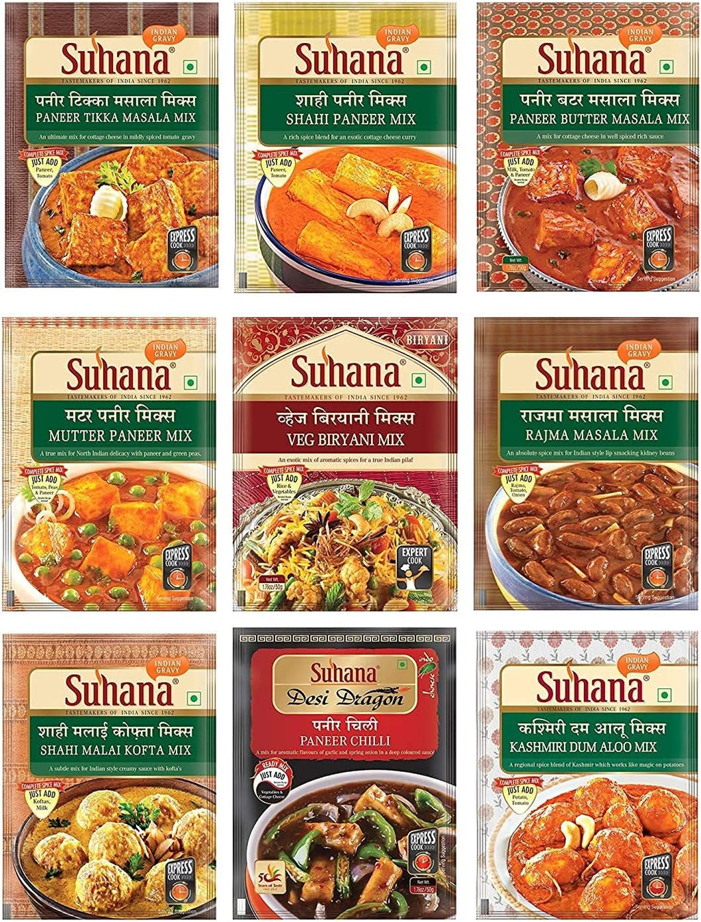 Suhana Spice Mixes -Paneer Butter , Veg Biryani , Paneer Tikka , Shahi Paneer , Kashmiri Dum Aloo , Rajma Masala , Paneer Chilli , Mutter Paneer ix, Shahi Malai Kofta -Combo of 9