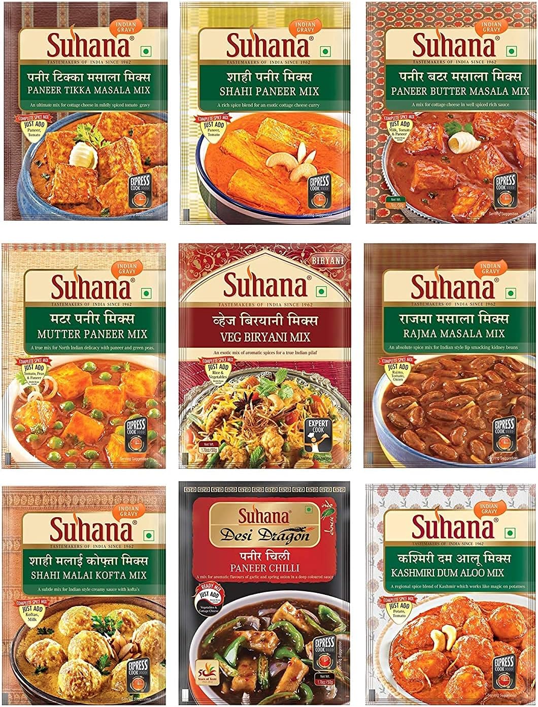Suhana Spice Mixes -Paneer Butter , Veg Biryani , Paneer Tikka , Shahi Paneer , Kashmiri Dum Aloo , Rajma Masala , Paneer Chilli , Mutter Paneer ix, Shahi Malai Kofta -Combo of 9