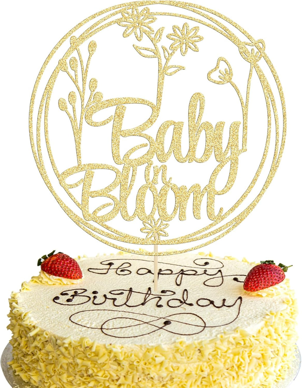 Gyufise 1Pcs Baby in Bloom Cake Topper Glitter Flower Theme Baby Shower Cake Pick Decorations Floral Baby Shower Gender Reveal Party Decorations Supplies Gold