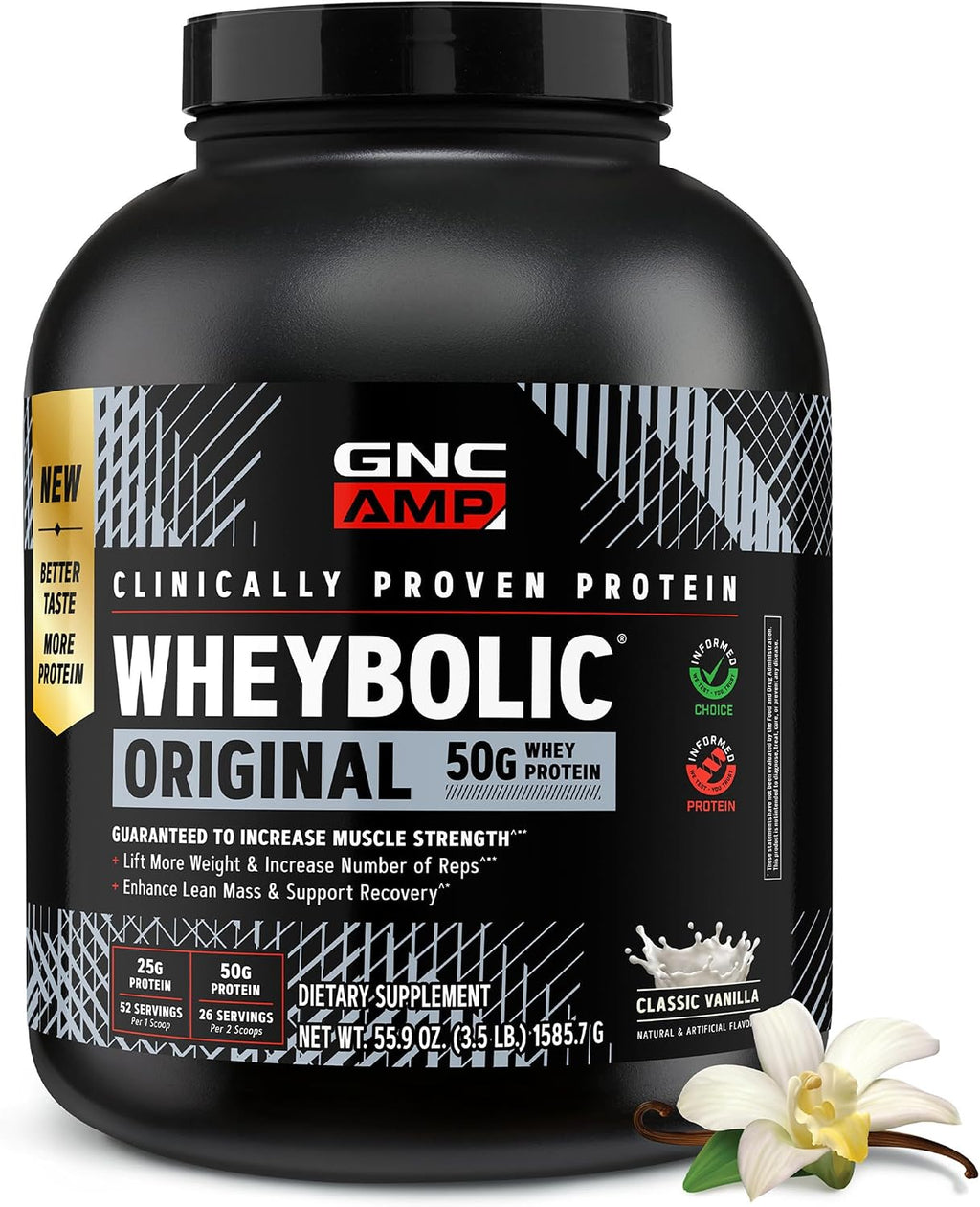 GNC AMP New Wheybolic- Clinically Studied Whey Protein Powder for Workouts & Active Lifestyles- High Leucine Content- Smooth Mixing Drink Mix for Fitness Shakes- Classic Vanilla- 55.9 Oz (26 Servings)