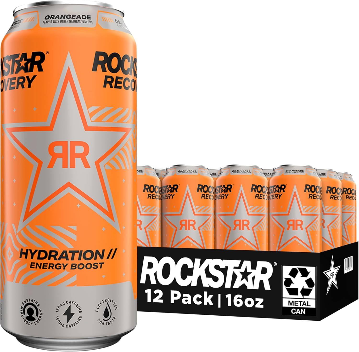 Rockstar Energy Drink with Caffeine Taurine and Electrolytes, Recovery Orange, 16 Fl Oz (Pack of 12)