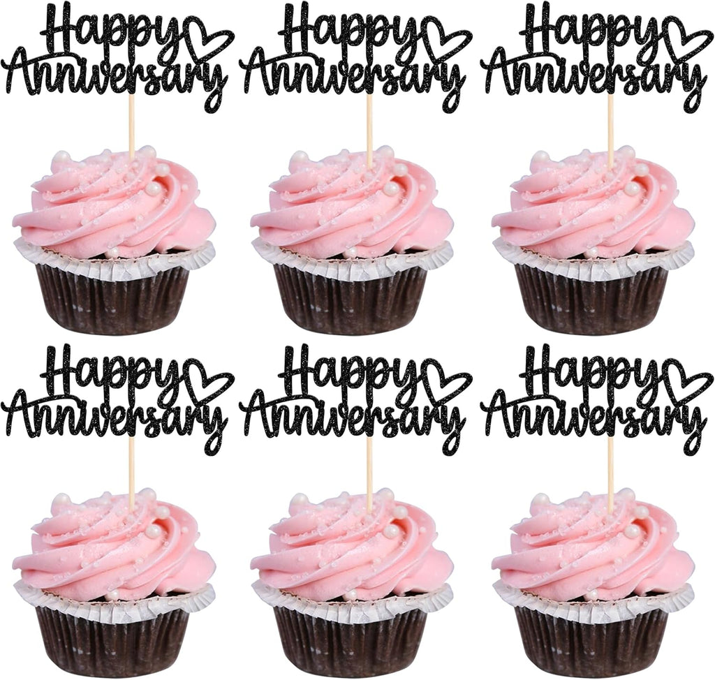 24 PCS Happy Anniversary Cupcake Toppers Glitter Wedding Anniversary Cupcake Picks Decorations for Wedding Anniversary Birthday Party Supplies Black