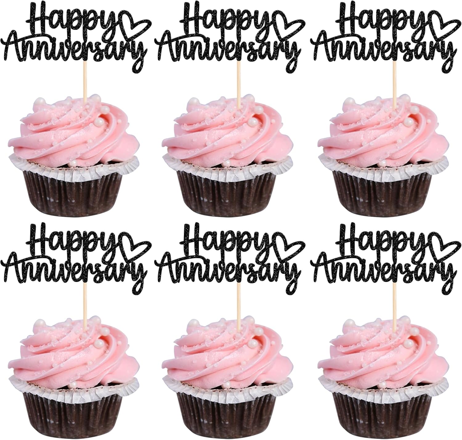 24 PCS Happy Anniversary Cupcake Toppers Glitter Wedding Anniversary Cupcake Picks Decorations for Wedding Anniversary Birthday Party Supplies Black