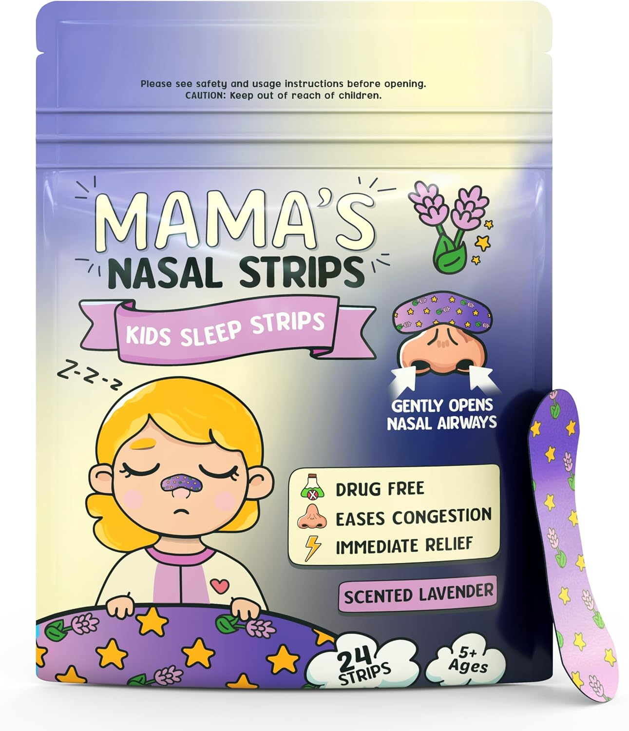 Mama's Lavender Kids Nose Strips for Breathing - Hypoallergenic and Soft, Nasal Strips for Snoring - Nose Tape for Nasal Congestion Relief - Clean, Safe Snore Stopper for Sleep - 24 Count, 5+ Ages