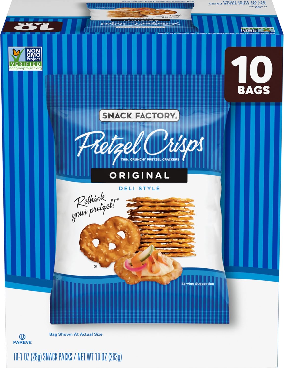 Snack Factory Pretzel Crisps, Original, 1 Oz Snack Bags, 10 Ct