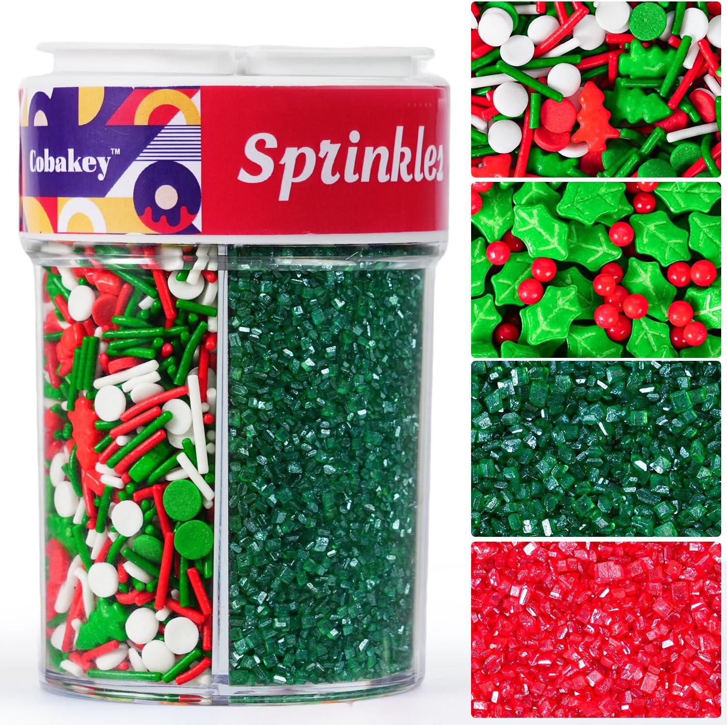 Christmas Sprinkles Mix Holly & Berry - 6.5 oz Holiday Assortment with Red Green White Christmas Tree, Jimmies & Sanding Sugar | Edible Decorations for Baking Xmas Cookies, Cakes, Cupcakes Topper