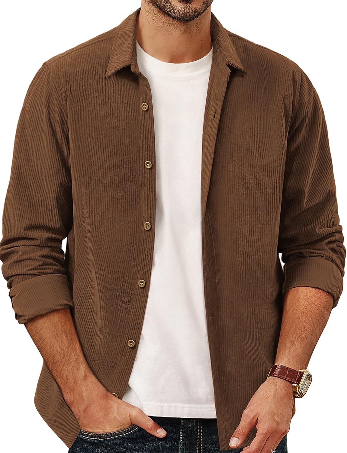 PJ PAUL JONES Mens Corduroy Button Down Shirt Jacket Casual Long Sleeve Shacket Lightweight Textured Untucked Shirts