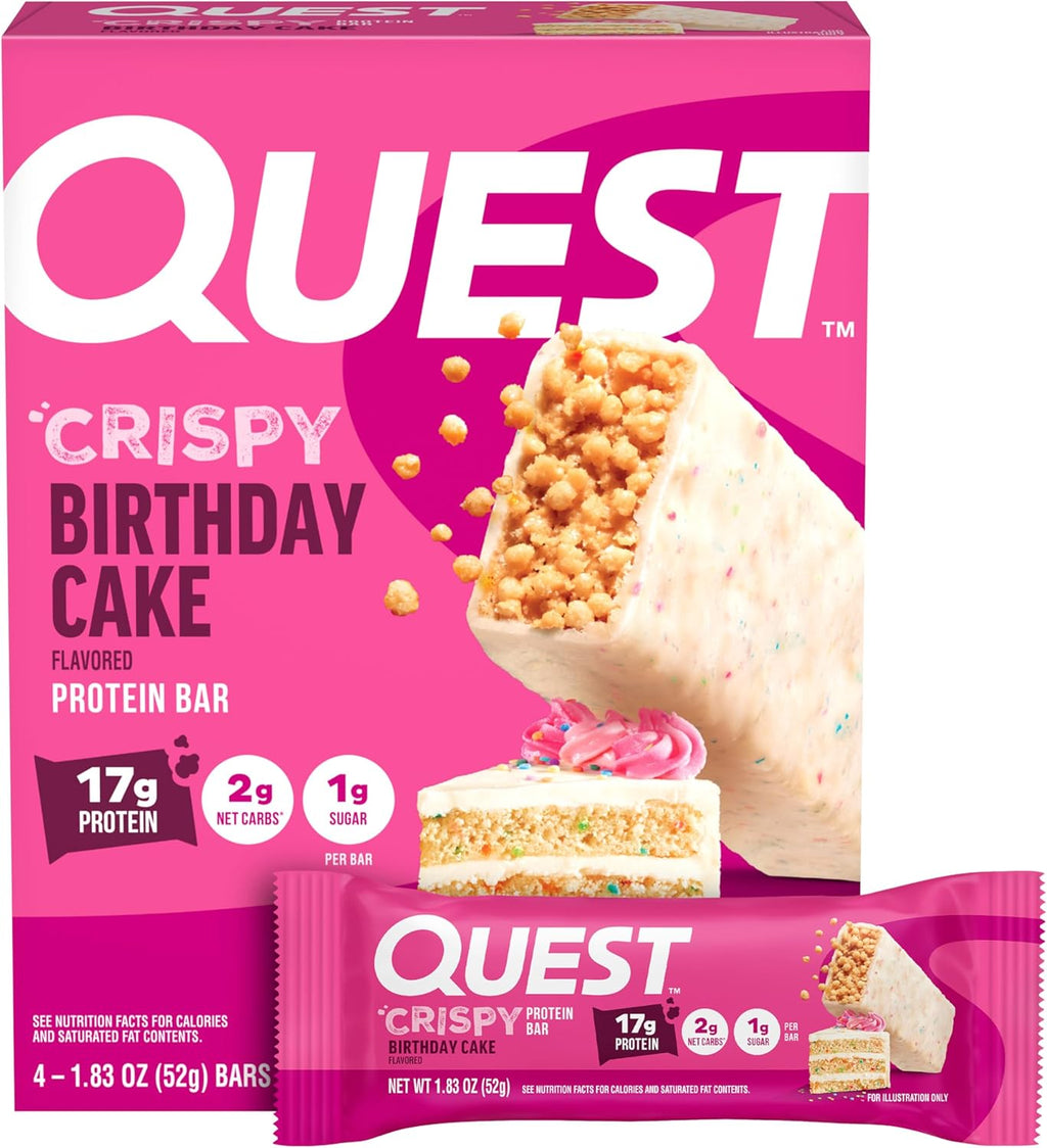 Quest Nutrition Crispy Birthday Cake Protein Bar, 17g Protein, 1g Sugar, 2g Net Carbs, Gluten Free Protein Snack, Keto Friendly, 4 Count