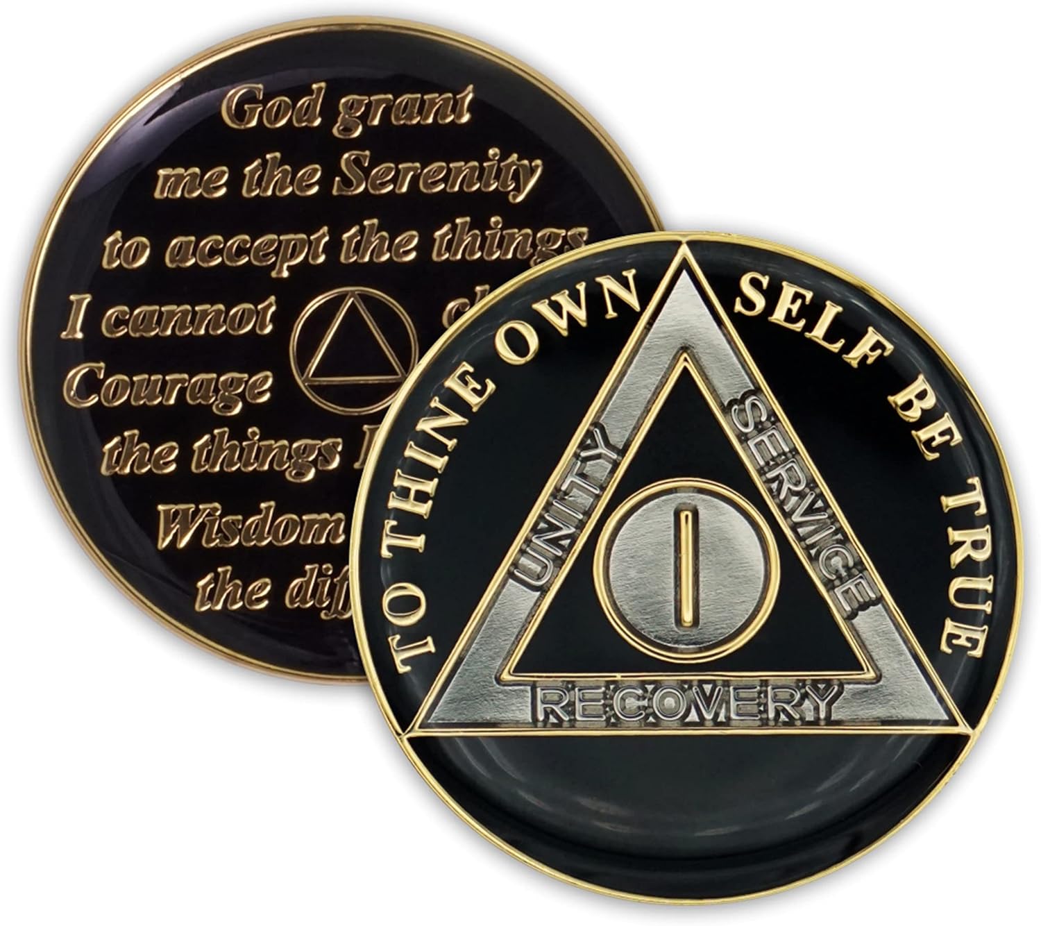 1 Year Sobriety Coin | Triplate AA Chip Recovery Anniversary Token (Black)