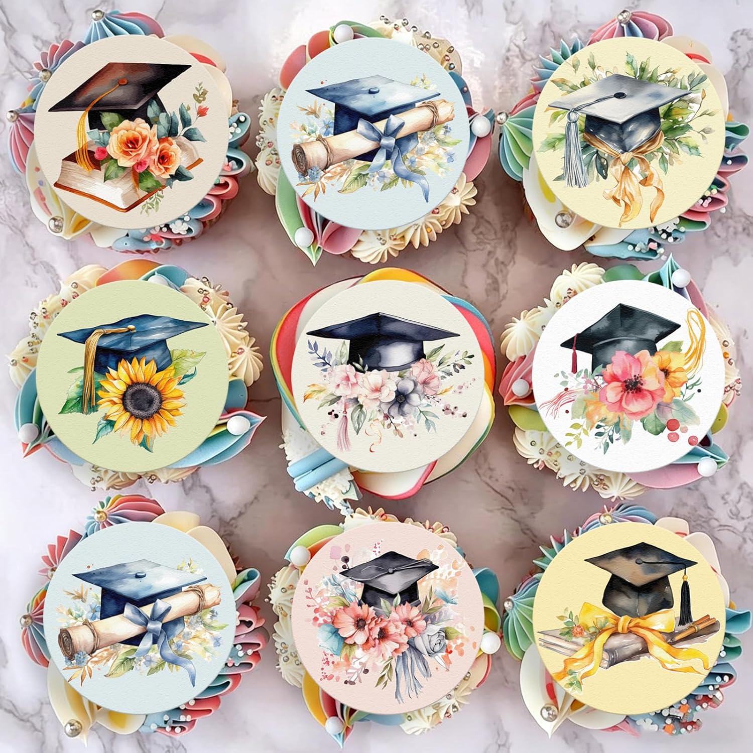 36pcs Edible 2026 Graduation Cupcake Toppers Wafer Paper Grad Cap Diploma Cake Decorations Edible Class of 2026 Cupcake Picks for 2026 Graduation Theme Party Cake Decor Supplies