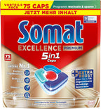 SOMAT Excellence Premium 5-in-1 Caps (75), Quick Dissolving Dishwasher Tablets with Extra Boost, Also in Low Temperature, Short and Eco Program, Remove Even 72 Hours Dried Food Scraps
