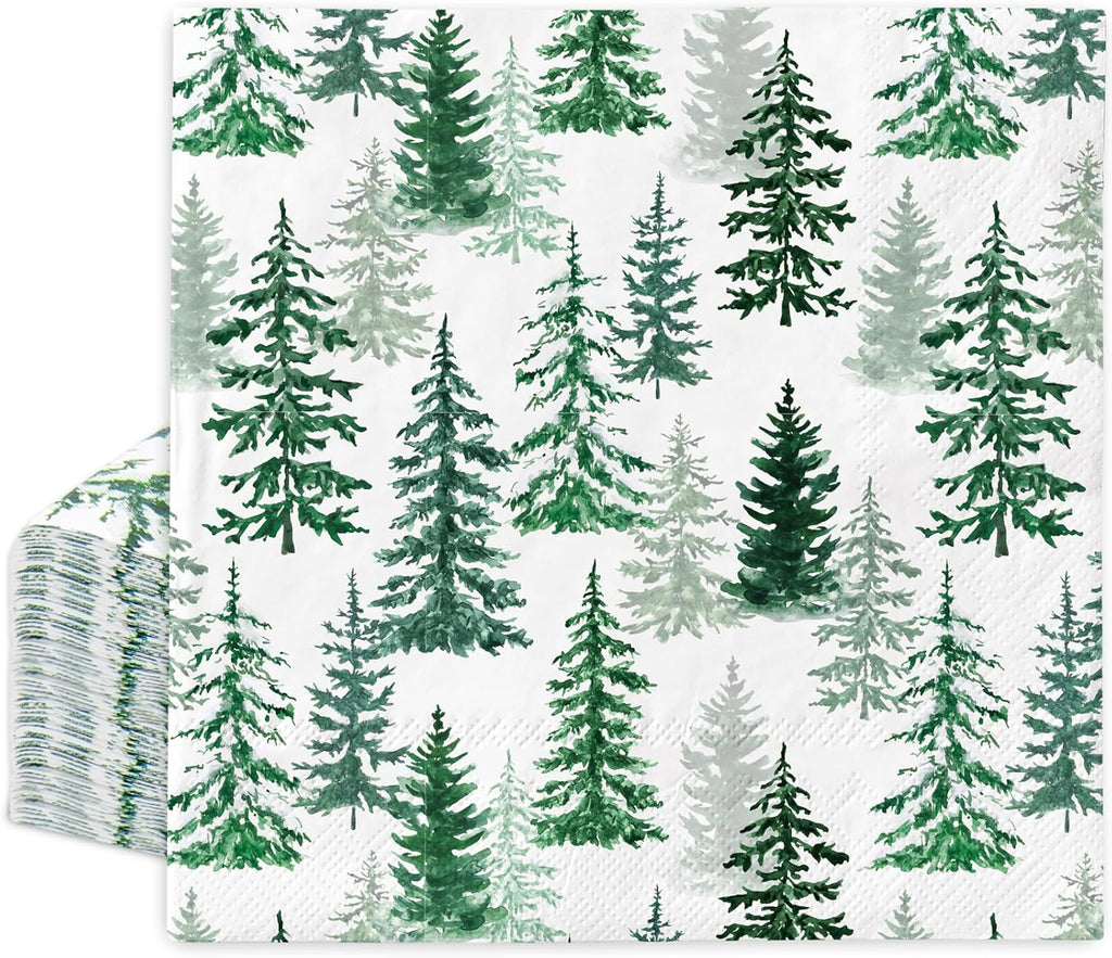 JarThenaAMCS 50Pcs Christmas Paper Napkins Watercolor Cedar Forest Disposable Napkin Xmas Winter Trees Luncheon Dinner Napkins for Holiday Party Tableware Supplies