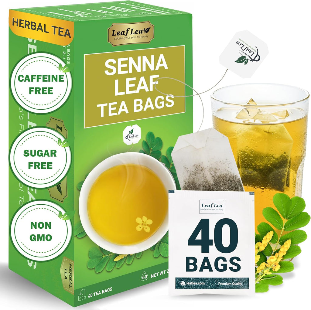 LeafLea 40 Senna Tea Bags – 100% Pure Senna Leaves, Herbal Laxative Tea for Gentle Constipation Relief, Caffeine-Free, Sugar-Free, Gluten-Free, Non-GMO, Vegan, Supports Digestive Health