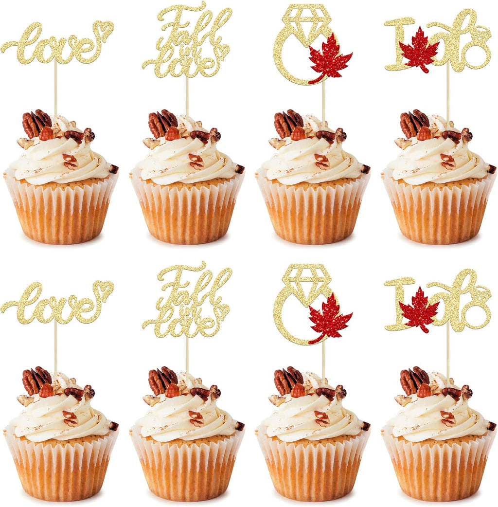 24Pcs Fall in Love Cupcake Toppers Glitter Maple Leaves Love I Do Cupcake Picks Fall Theme Wedding Cake Decorations for Bridal Shower Engagement Thanksgiving Birthday Party Supplies