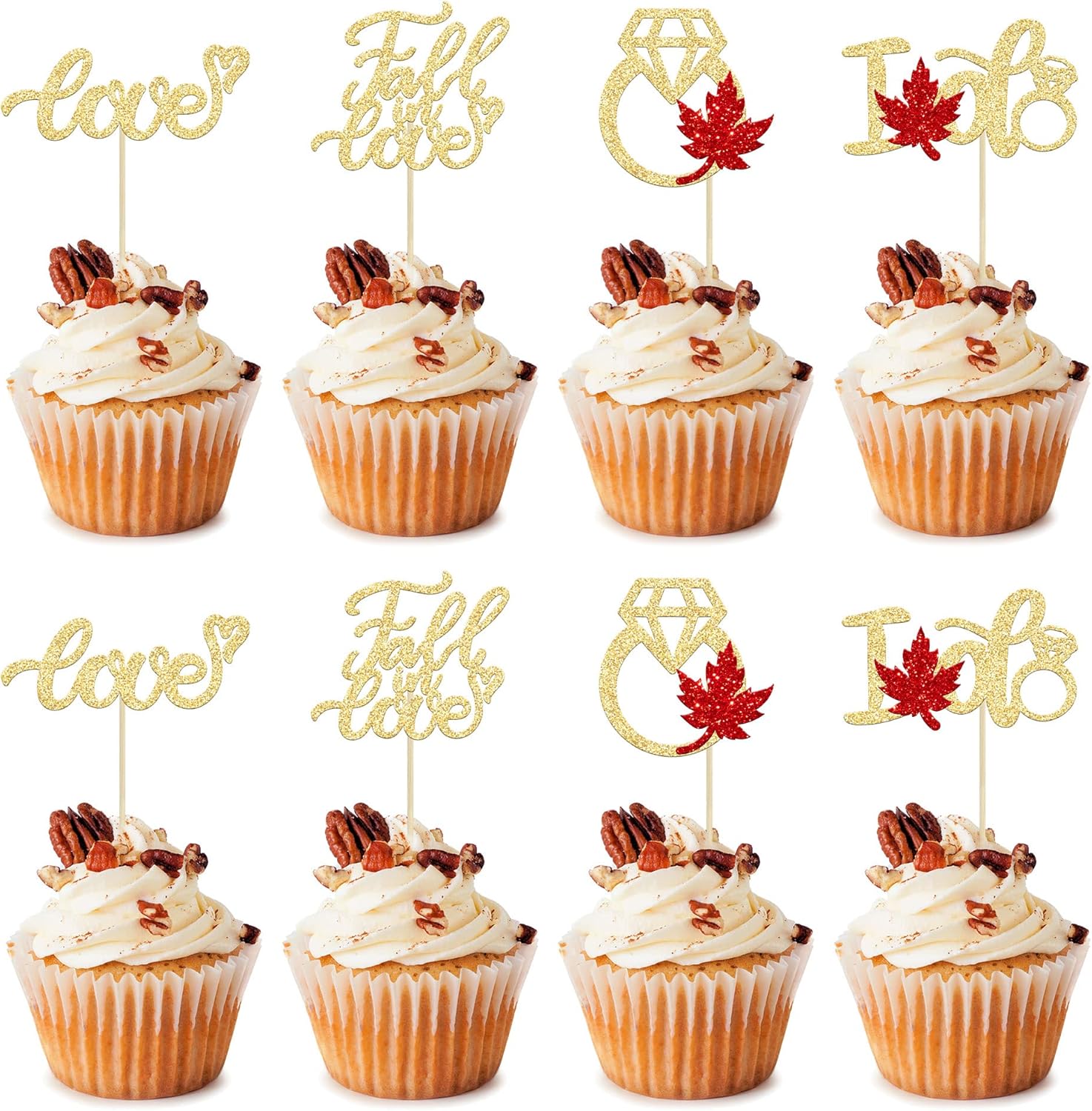 24Pcs Fall in Love Cupcake Toppers Glitter Maple Leaves Love I Do Cupcake Picks Fall Theme Wedding Cake Decorations for Bridal Shower Engagement Thanksgiving Birthday Party Supplies