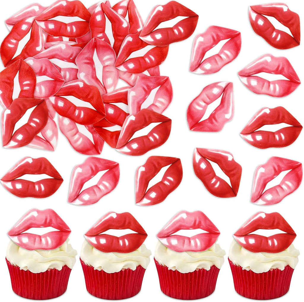 40PCS Edible Happy Valentine's Day Cupcake Toppers Picks Lip Love You be Mine You Make My Heart Smile XoXo for Cake Decorations Valentine's Wedding Party Supplies