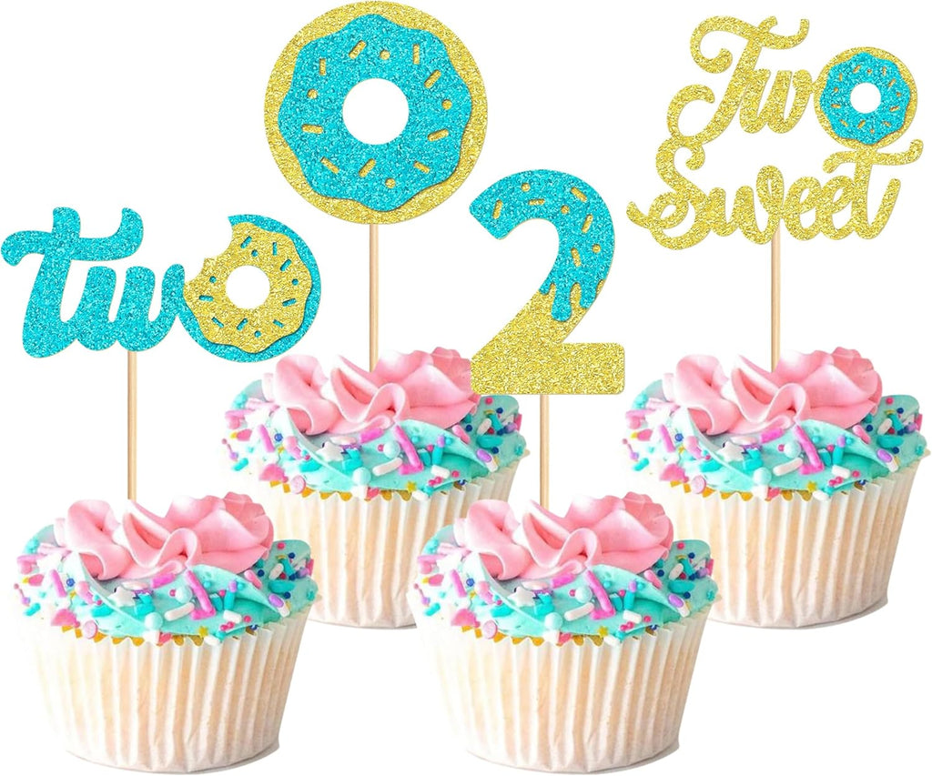 Ercadio 24 Pcs Two Donut Cupcake Toppers Donut Party Decorations Picks Blue Sweet Theme Cake Decoration for 2st Kids Birthday Party Supplies Celebrating Party Baby Shower Supplies