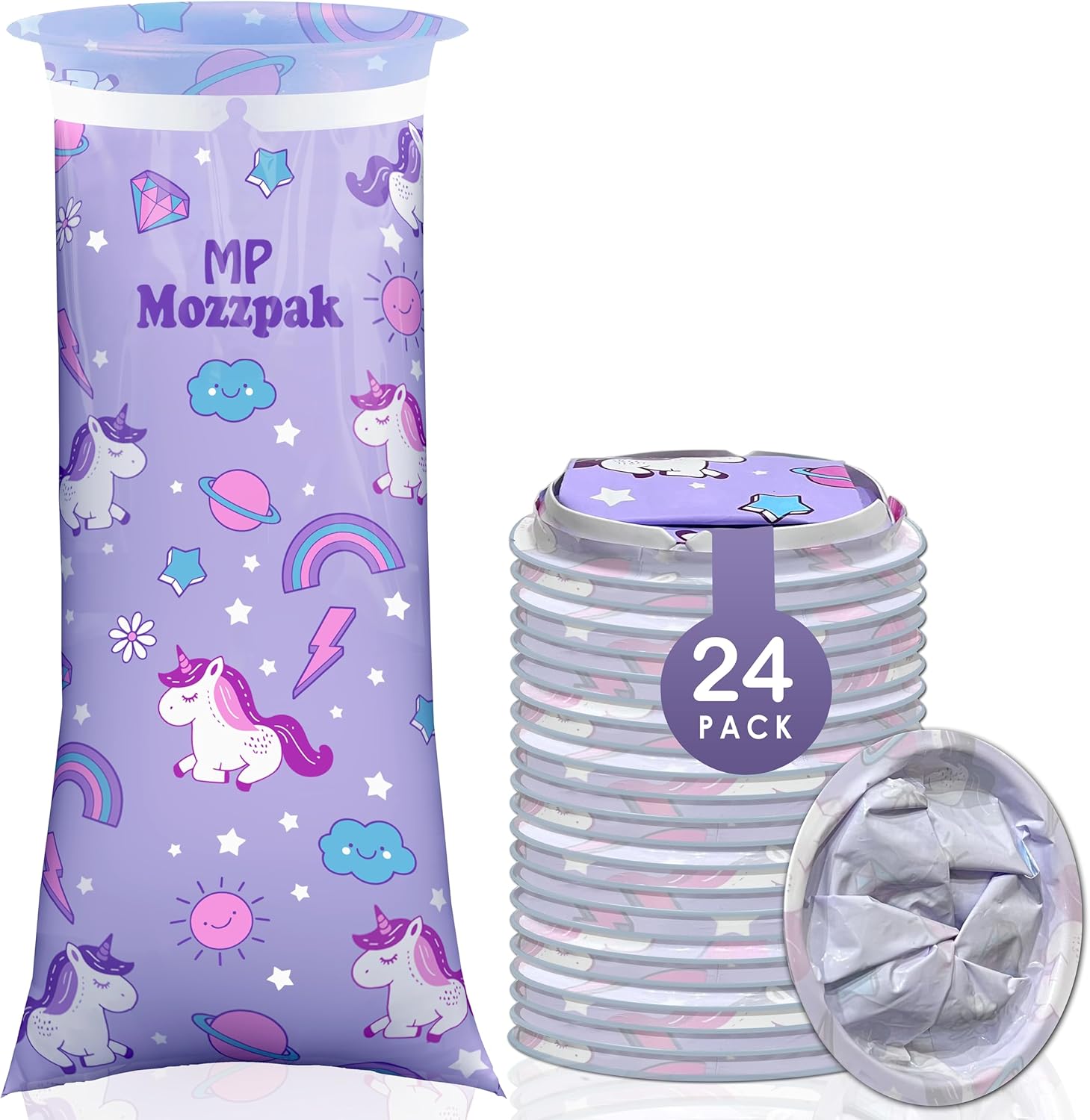 MP MOZZPAK Unicorn Kids Vomit Bags Disposable 24 Pack - Emesis Bags, Leak-Proof Barf Bag, Motion Sickness Relief for Children, Travel Friendly Puke Bag, Throw up Solution for Car, Plane, & Road Trips
