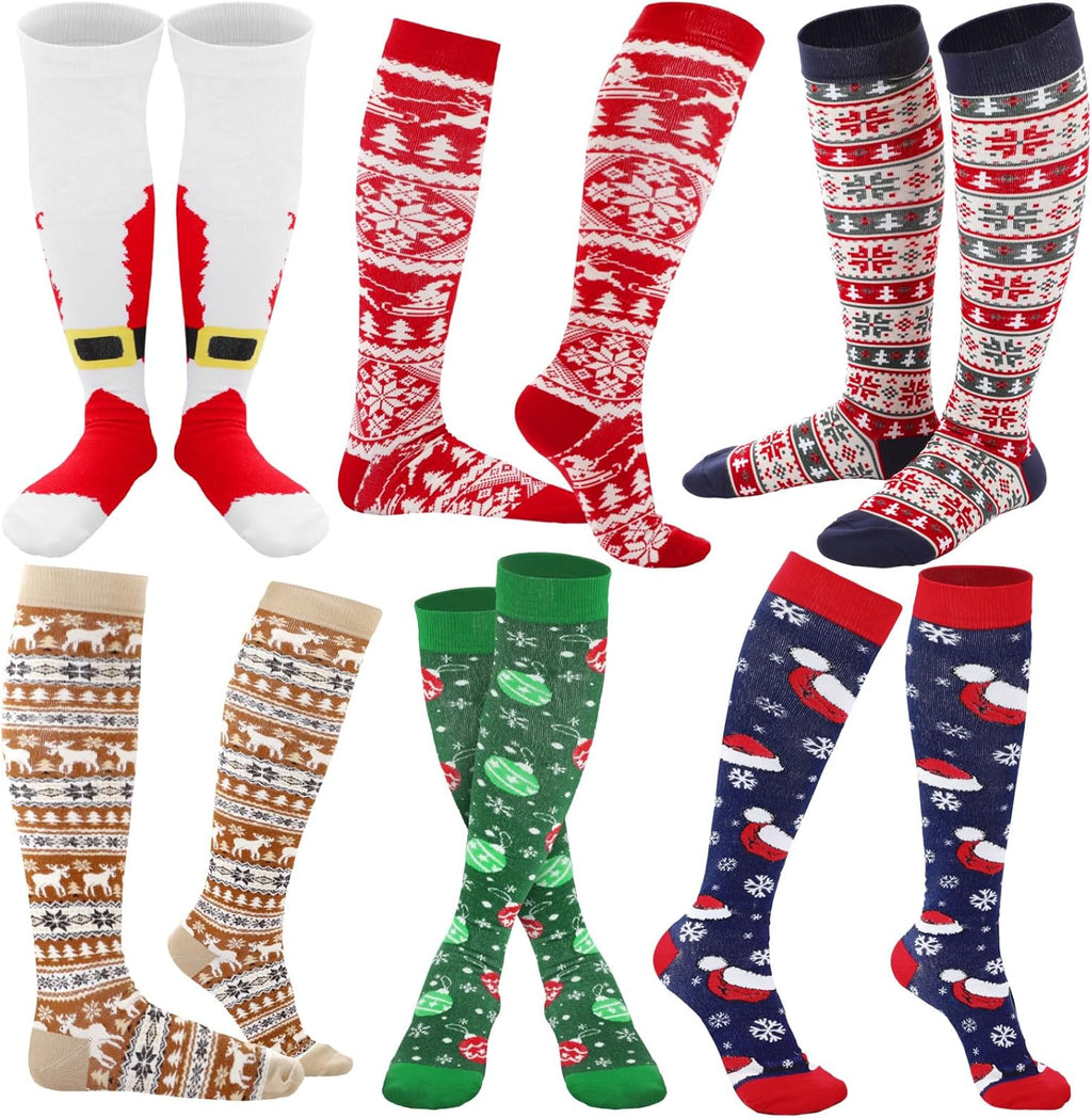 Suhine 6 Pairs Christmas Compression Sock Gift Bulk Calf Knee High Sock Long Stocking for Xmas Women Men Nurses