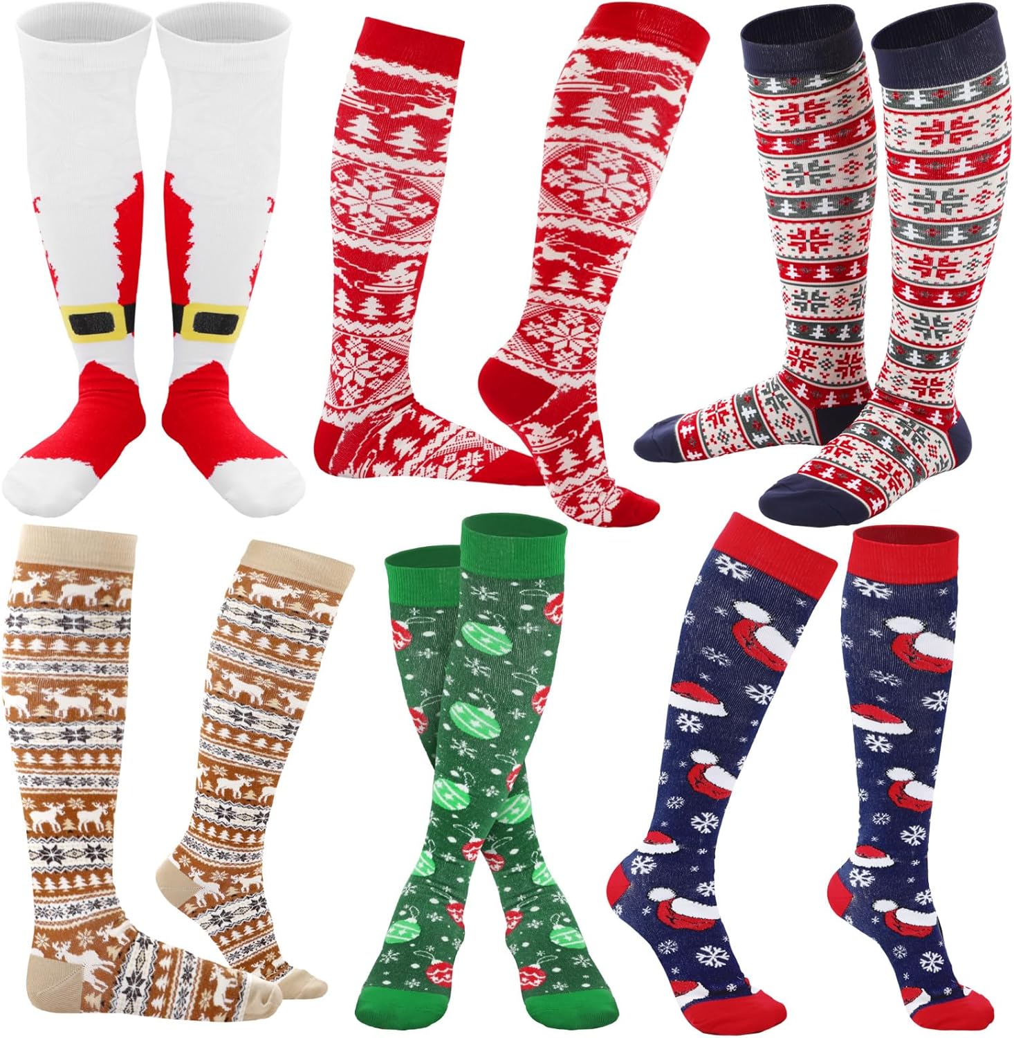 Suhine 6 Pairs Christmas Compression Sock Gift Bulk Calf Knee High Sock Long Stocking for Xmas Women Men Nurses