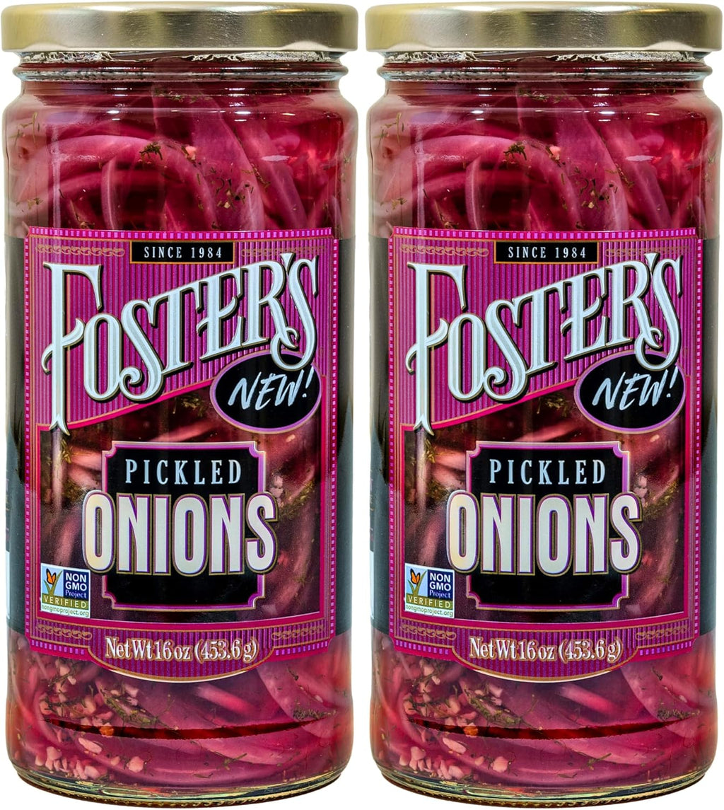 Foster's Pickled Red Onions in a Jar, 16oz, 2 Pack, Traditional Vegetables Recipe for 40 years, Gluten, Fat, and Preservative Free, Low Calorie Snack, Farm Pickled Onions