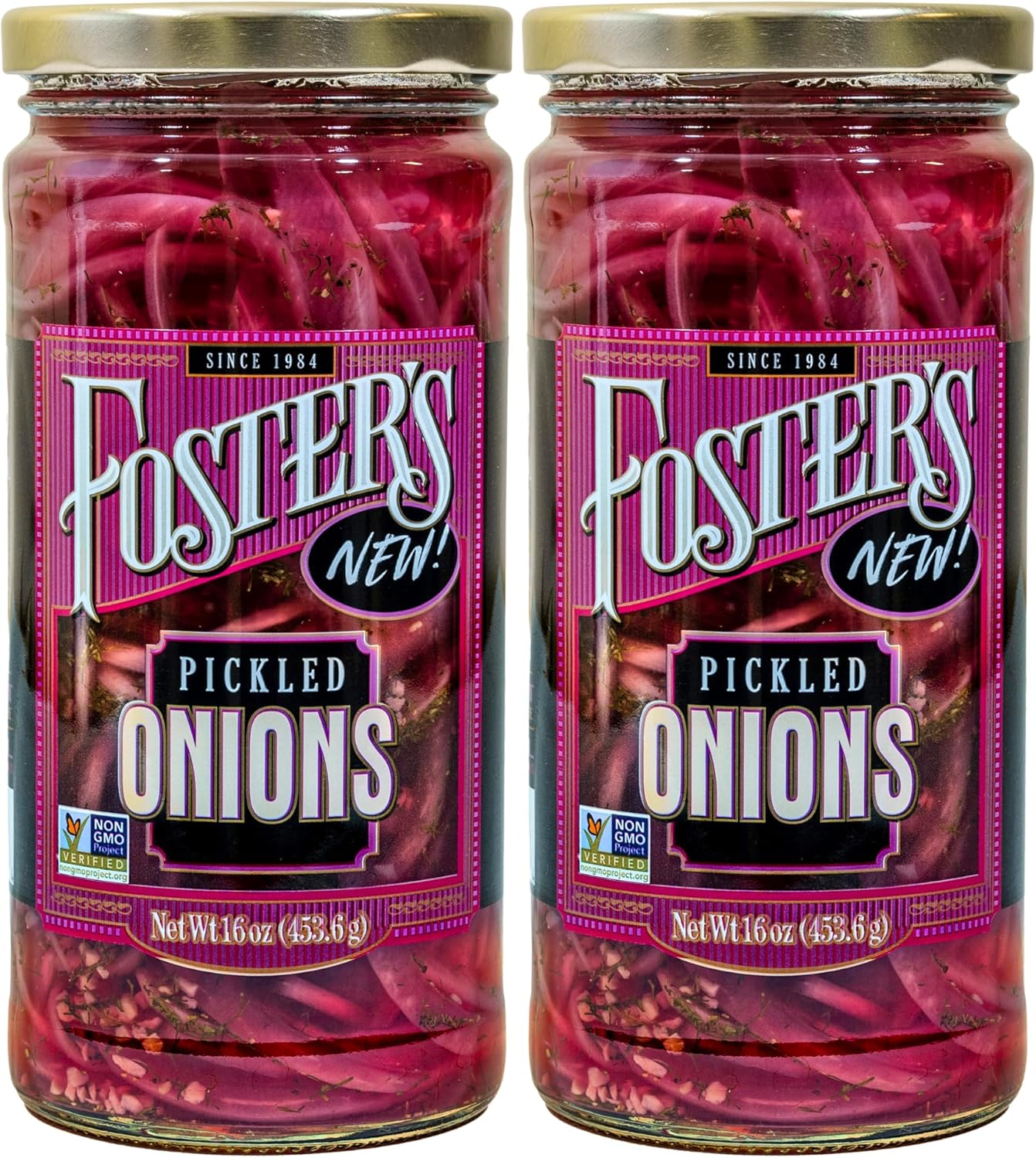 Foster's Pickled Red Onions in a Jar, 16oz, 2 Pack, Traditional Vegetables Recipe for 40 years, Gluten, Fat, and Preservative Free, Low Calorie Snack, Farm Pickled Onions