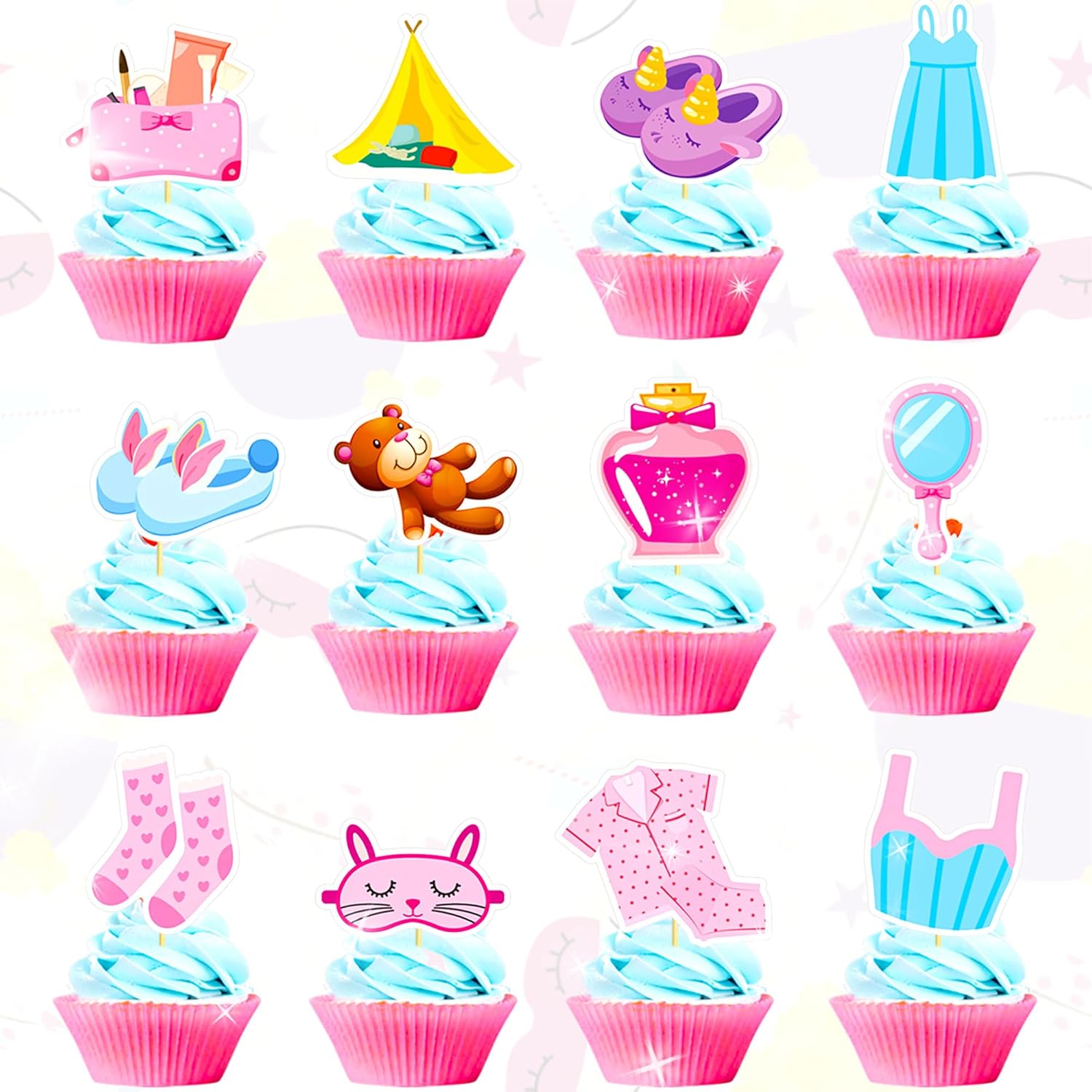 LaVenty Spa Party Cupcake Topper Pajama Cake Decoration Sleepover Slumber Party Supplies Sleepover Cupcake Topper