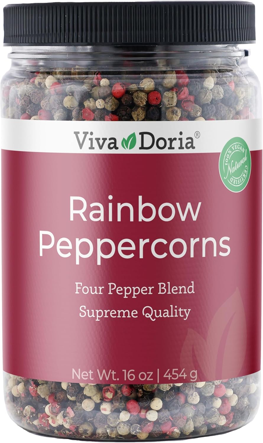 Viva Doria Rainbow Blend Peppercorn, Steam Sterilized Whole Black/Green Pepper, Whole Pink/White Pepper, 16 Oz, For Grinder Refills