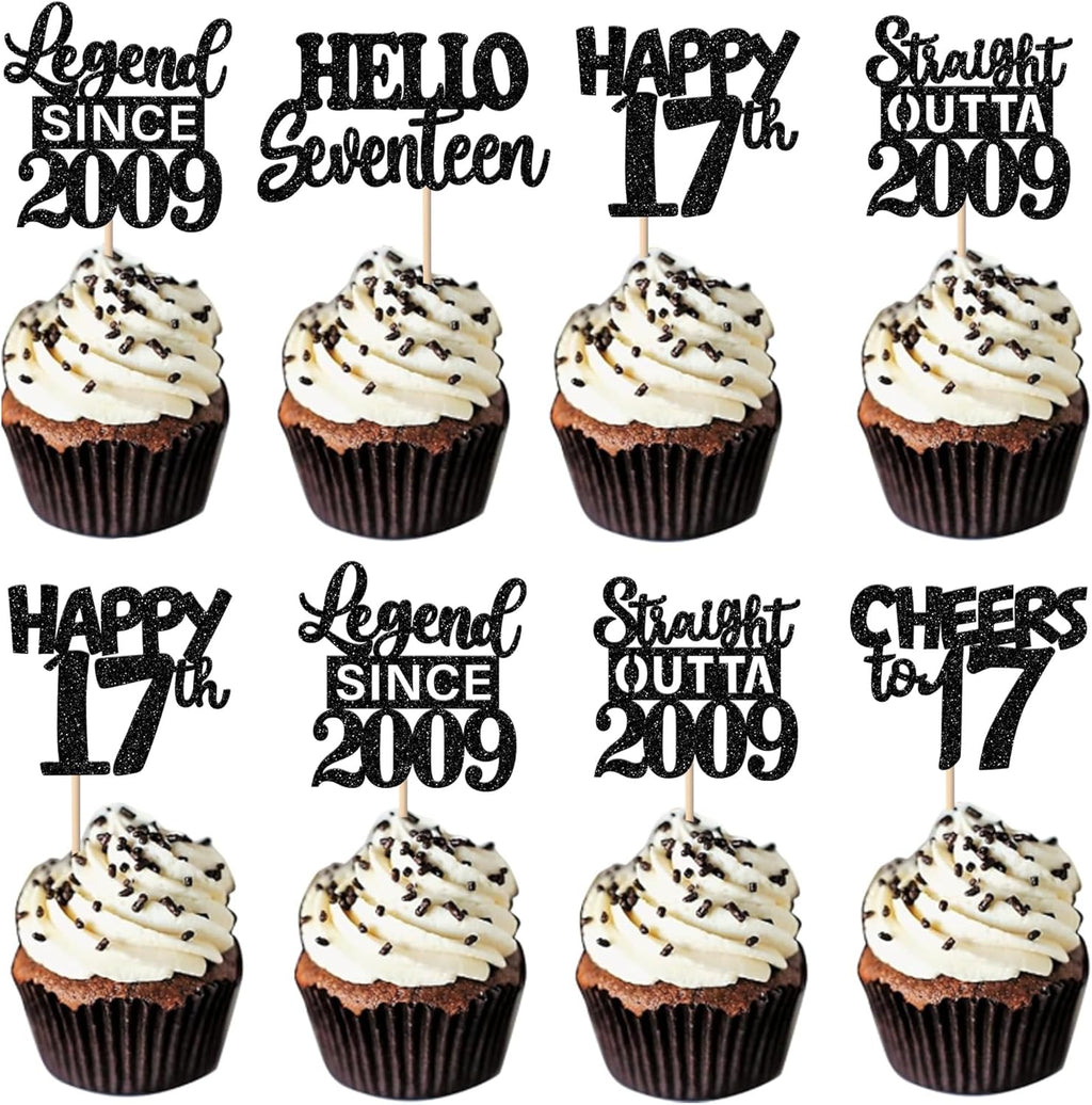 30PCS Black 17th Birthday Cupcake Toppers Glitter Seventeen Happy 17th Straight Outta 2009 Cupcake Picks for Cheers to 17 Years Birthday Anniversary Party Cake Decorations Supplies