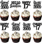 30PCS Black 17th Birthday Cupcake Toppers Glitter Seventeen Happy 17th Straight Outta 2009 Cupcake Picks for Cheers to 17 Years Birthday Anniversary Party Cake Decorations Supplies