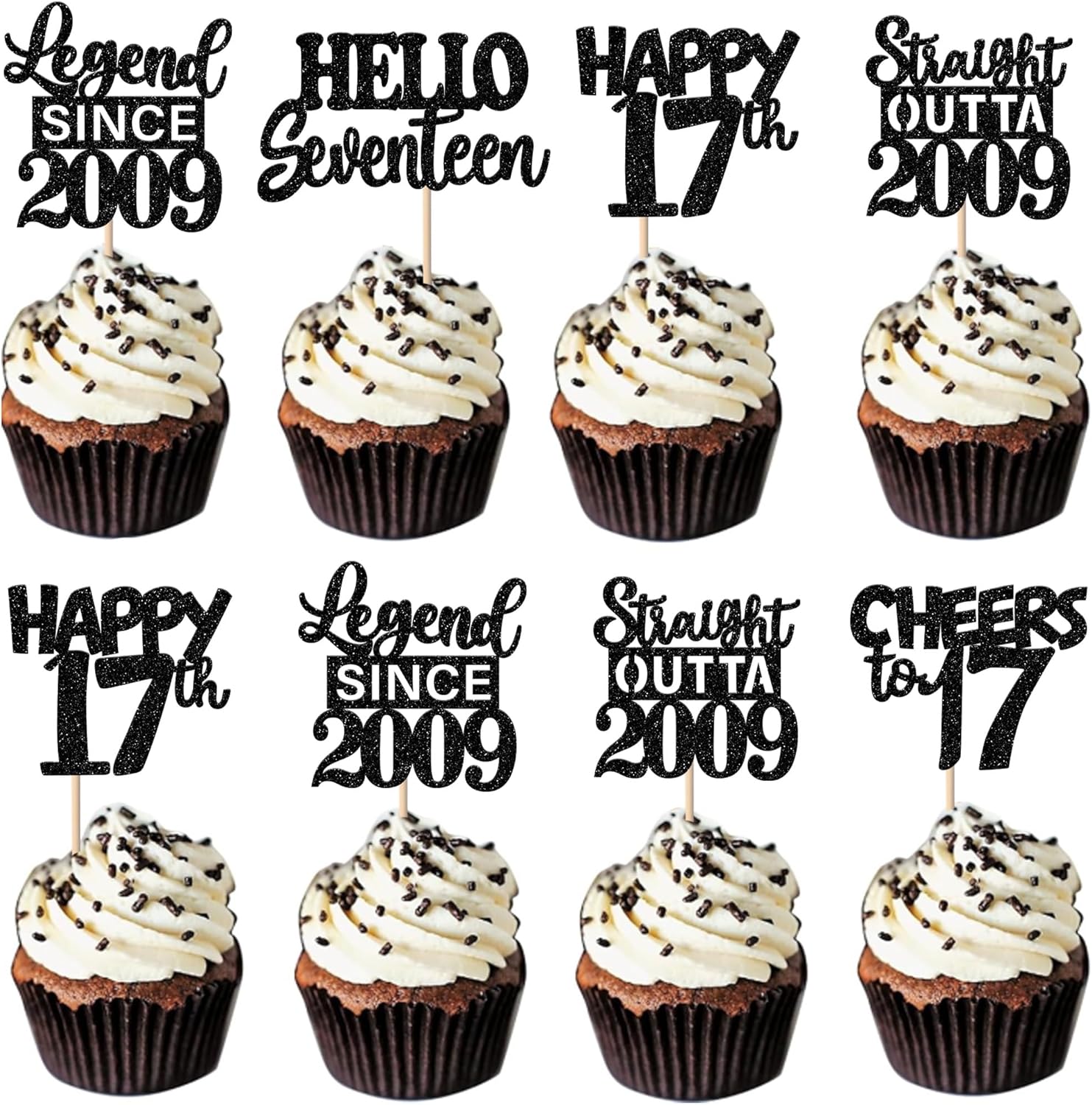 30PCS Black 17th Birthday Cupcake Toppers Glitter Seventeen Happy 17th Straight Outta 2009 Cupcake Picks for Cheers to 17 Years Birthday Anniversary Party Cake Decorations Supplies