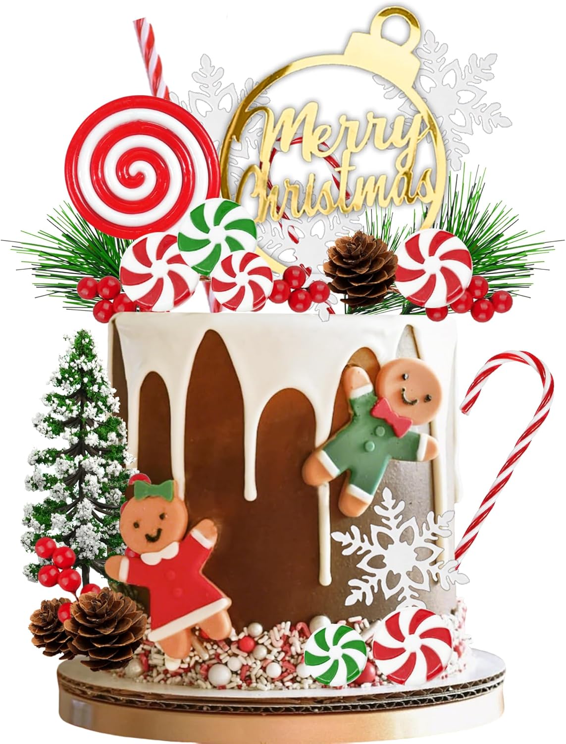Merry Christmas Cake Topper Gingerbread Man Cake Decorations Candy Cane Pine Needle Snowflake for Christmas Theme New Year