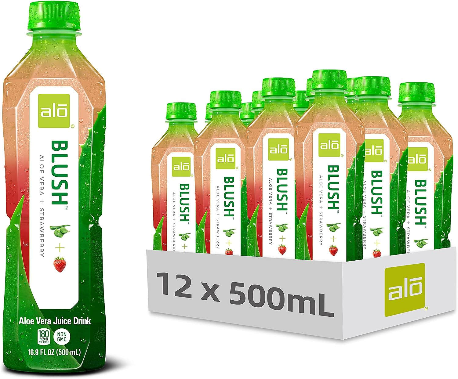 ALO Aloe Vera Juice Drink | BLUSH - Aloe Vera + Strawberry | 16.9 fl oz, Pack of 12 | Plant-Based Drink with Real Aloe Pulp